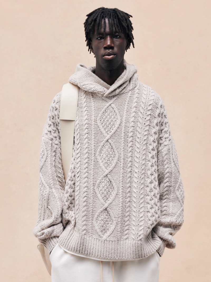 Fear Of God Cable Knit Hoodie Silver Cloud | FOG-SN593536